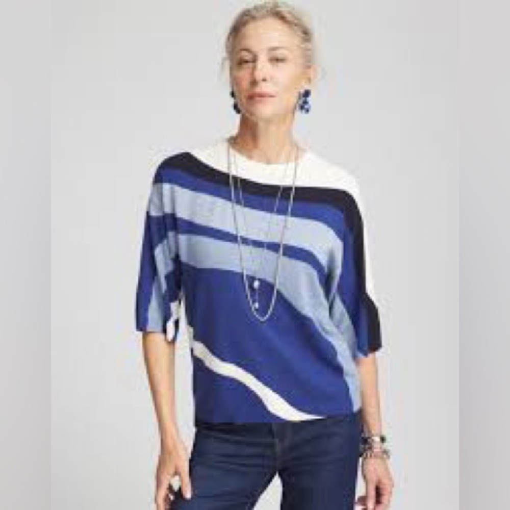 Chico’s Colorblock Pullover Sweater SZ 3 US XL Crew Neck Elbow Sleeve Color Blue